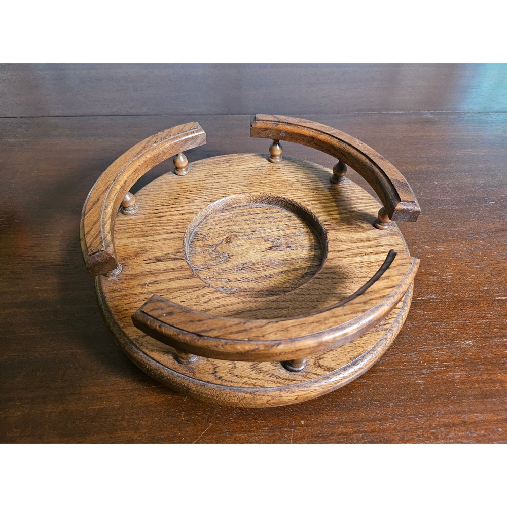 Vintage Lazy Susan Brown Oak Spindle Gallery Tray Rail Tray